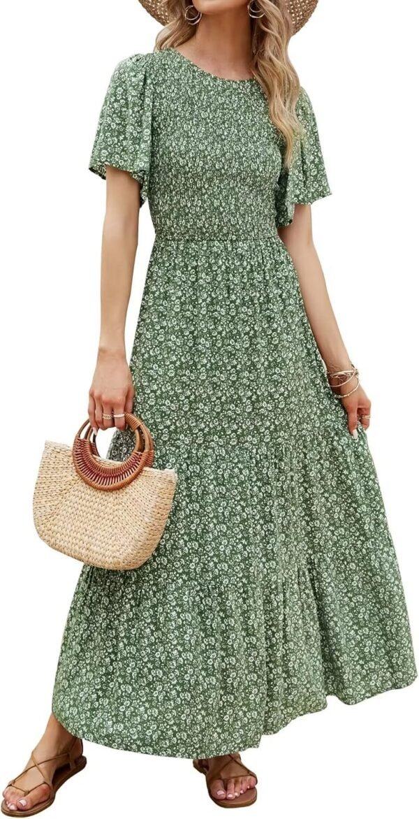 Connecteri Women's 2024 Summer Casual Floral Print Short Flutter Sleeve Crew Neck Smocked High Waist Flowy Maxi Dress