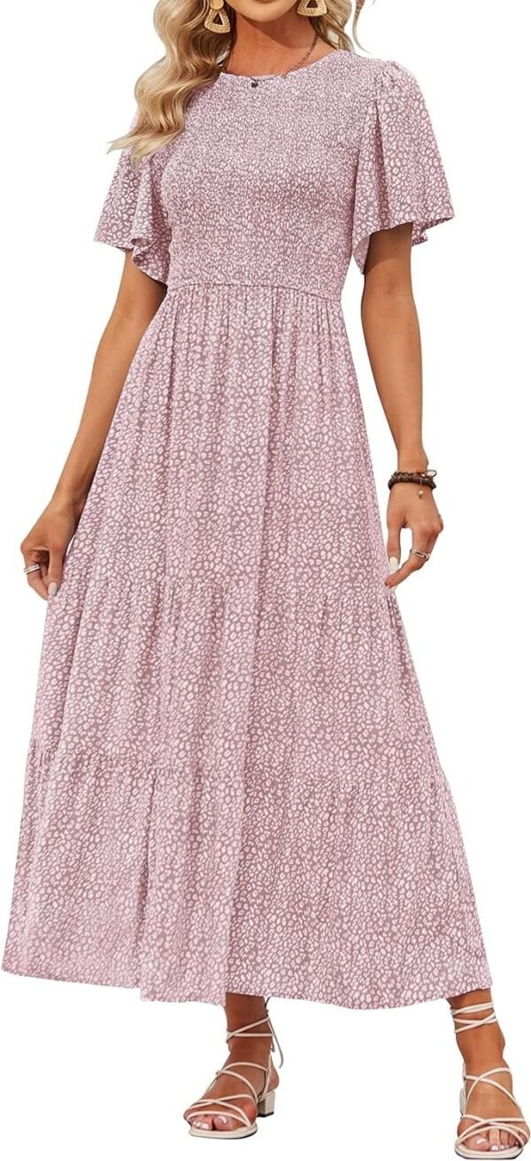 Connecteri Women's 2024 Summer Casual Floral Print Short Flutter Sleeve Crew Neck Smocked High Waist Flowy Maxi Dress