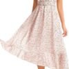 Connecteri  Women's Short Sleeve Button Up Ruffle Chiffon Floral Midi Swing Dress with Belt