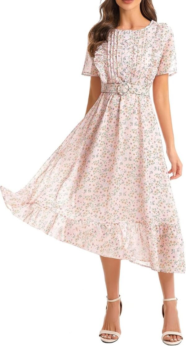 Connecteri  Women's Short Sleeve Button Up Ruffle Chiffon Floral Midi Swing Dress with Belt