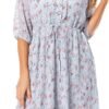 Connecteri  Women's Short Sleeve V-Neck 3/4 Sleeve Button Up Chiffon Floral Pleated Midi Swing Dress with Belt
