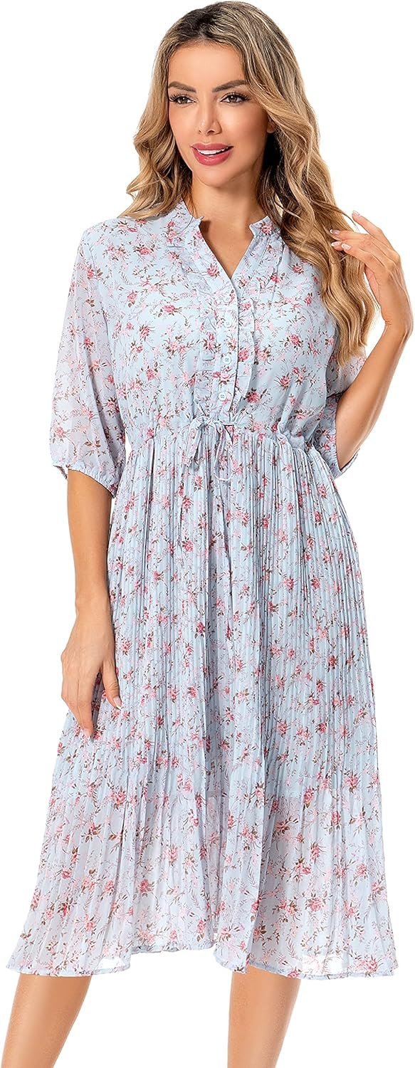 Connecteri  Women's Short Sleeve V-Neck 3/4 Sleeve Button Up Chiffon Floral Pleated Midi Swing Dress with Belt