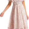 Connecteri  Women's Short Sleeve Button Up Ruffle Chiffon Floral Midi Swing Dress with Belt