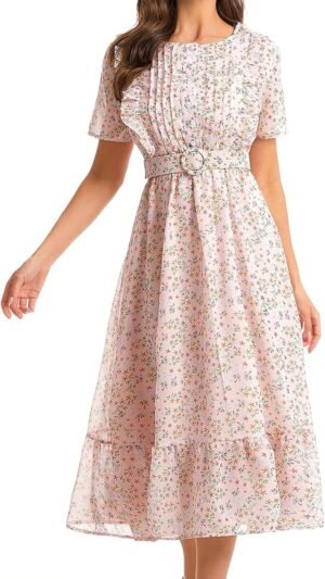 Connecteri  Women's Short Sleeve Button Up Ruffle Chiffon Floral Midi Swing Dress with Belt