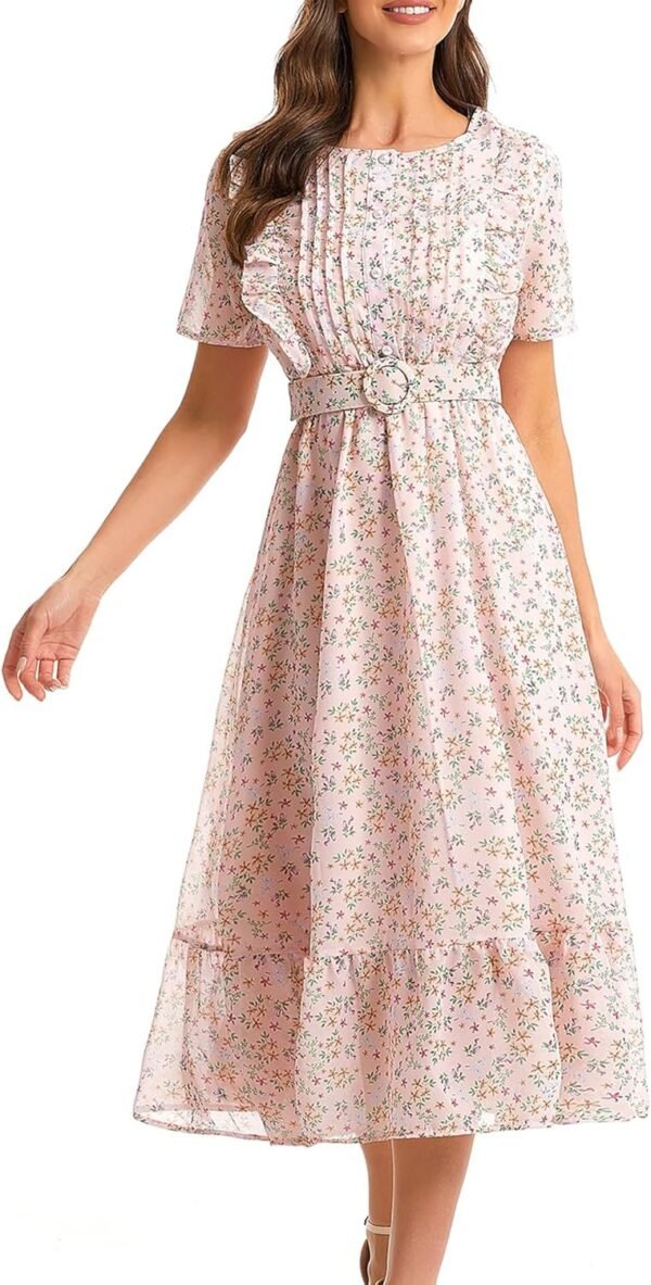 Connecteri  Women's Short Sleeve Button Up Ruffle Chiffon Floral Midi Swing Dress with Belt