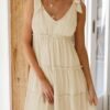 Connecteri Womens Summer Casual V Neck Sleeveless Mini Dress 2024 Tie Shoulder Tiered Ruffle Swing A Line Short Sundresses