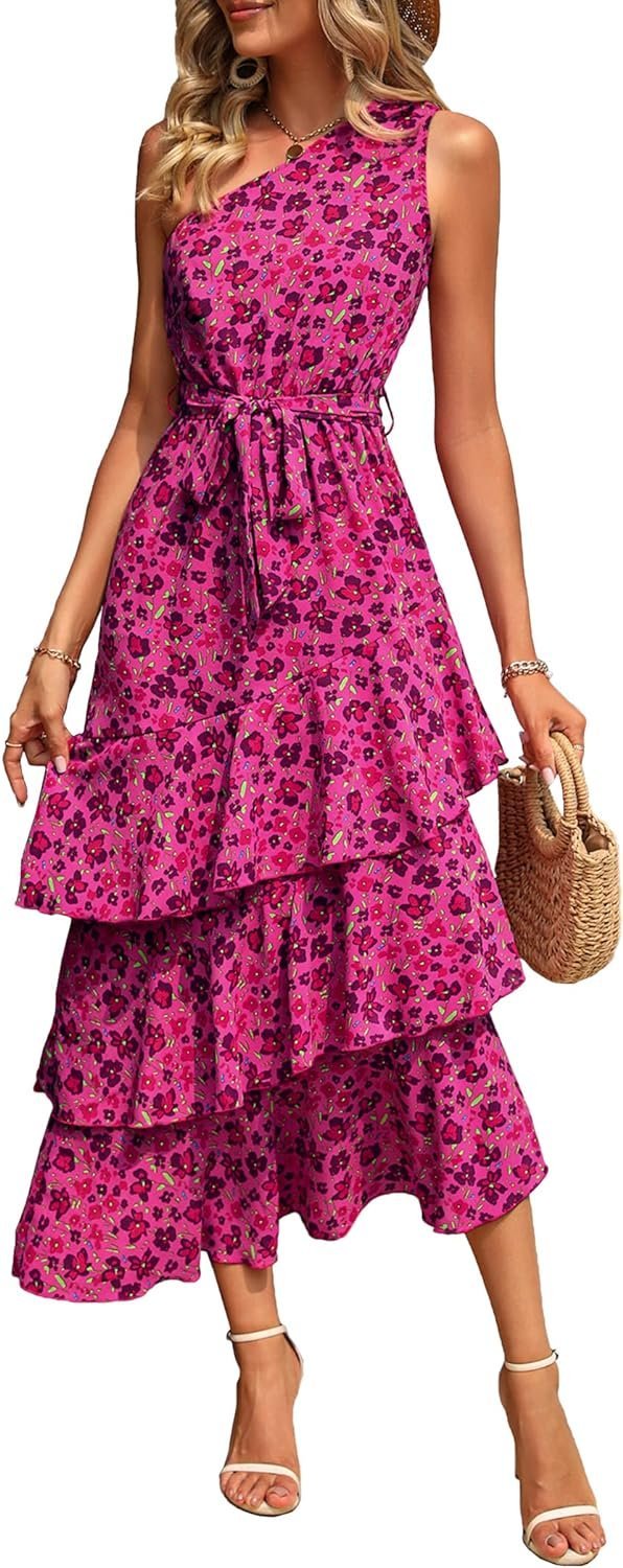 Connecteri?Womens Summer Floral One Shoulder Tiered Ruffle Flowy Midi Beach Boho Dress