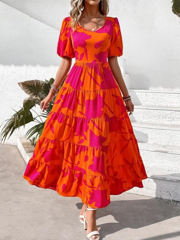 Connecteri  Womens Dresses 2024 Puff Sleeve Floral Casual Summer Dresses Smocked Backless Beach Flowy Tiered Maxi Dress
