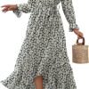 Connecteri  Women Long Sleeve Wrap Maxi Dress V Neck Boho Floral High Waist Flowy Ruffle 2024 Spring Summer Dresses with Belt