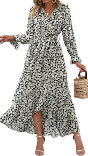 Connecteri  Women Long Sleeve Wrap Maxi Dress V Neck Boho Floral High Waist Flowy Ruffle 2024 Spring Summer Dresses with Belt