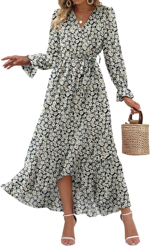 Connecteri  Women Long Sleeve Wrap Maxi Dress V Neck Boho Floral High Waist Flowy Ruffle 2024 Spring Summer Dresses with Belt