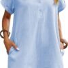 Connecteri  Womens Cotton Shirt Dress Summer Casual Short Sleeve Button Down Beach Cover Up Shirts with Pockets