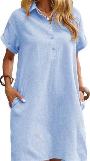 Connecteri  Womens Cotton Shirt Dress Summer Casual Short Sleeve Button Down Beach Cover Up Shirts with Pockets