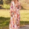 Connecteri  Women's 2024 Fall Boho Maxi Dress Casual Long Sleeve V Neck Printed Beach Long Flowy Dresses