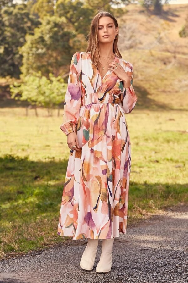 Connecteri  Women's 2024 Fall Boho Maxi Dress Casual Long Sleeve V Neck Printed Beach Long Flowy Dresses