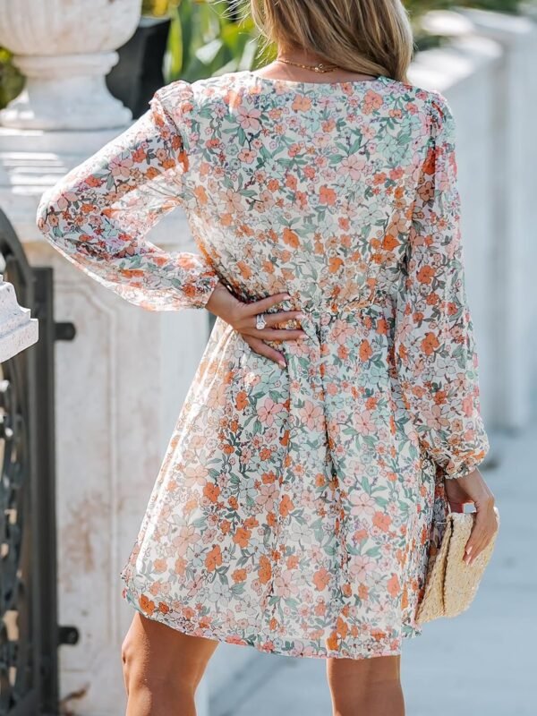 Connecteri  Women's Floral Print Chiffon A-Line Mini Dress Long Peasant Sleeves