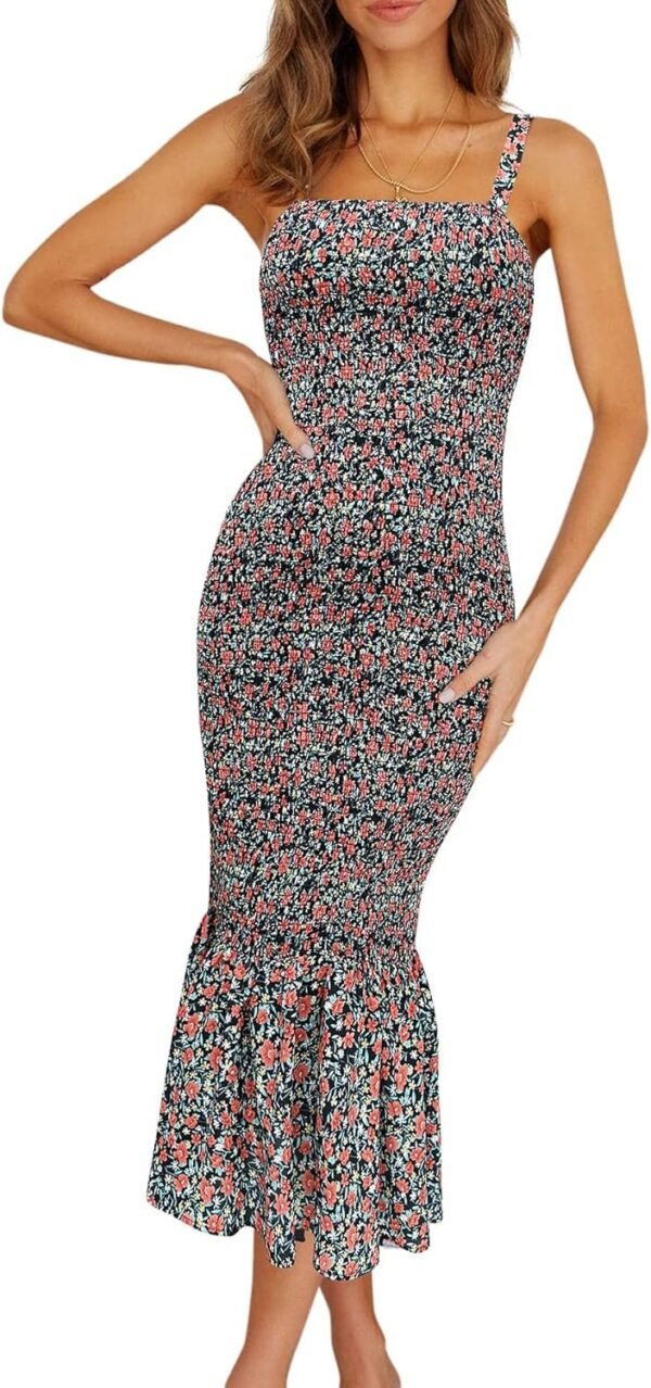 Connecteri Womens Sleeveless Strappy Ruffle Hem Smocked Bodycon Dress
