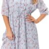 Connecteri  Women's Short Sleeve V-Neck 3/4 Sleeve Button Up Chiffon Floral Pleated Midi Swing Dress with Belt