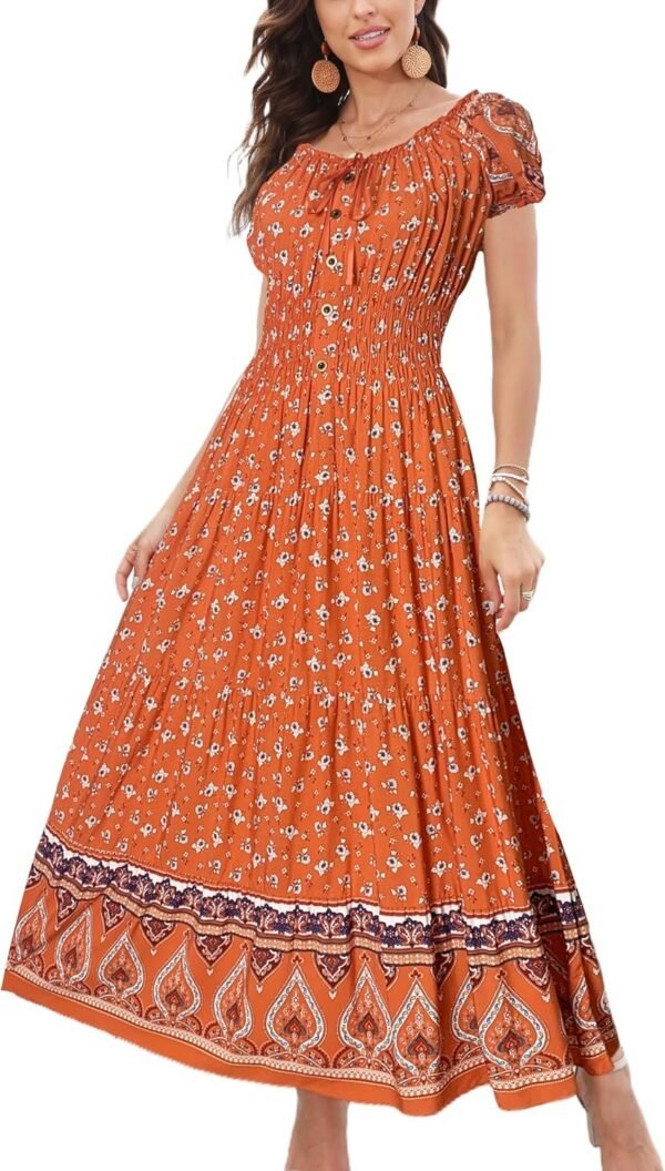 Connecteri  Women's 2024 Summer Short Sleeves Boho Floral Print Tiered Casual Flowy Long Maxi Dress