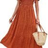 Connecteri Women's 2024 Summer Casual Floral Print Short Flutter Sleeve Crew Neck Smocked High Waist Flowy Maxi Dress