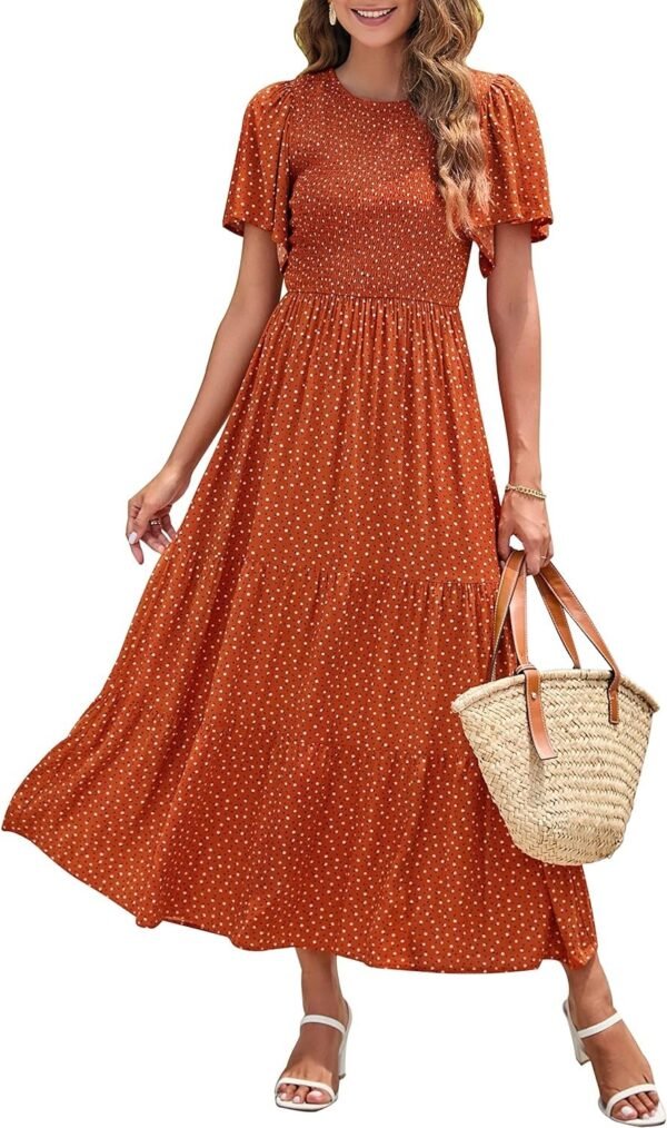 Connecteri Women's 2024 Summer Casual Floral Print Short Flutter Sleeve Crew Neck Smocked High Waist Flowy Maxi Dress