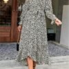 Connecteri  Women Long Sleeve Wrap Maxi Dress V Neck Boho Floral High Waist Flowy Ruffle 2024 Spring Summer Dresses with Belt