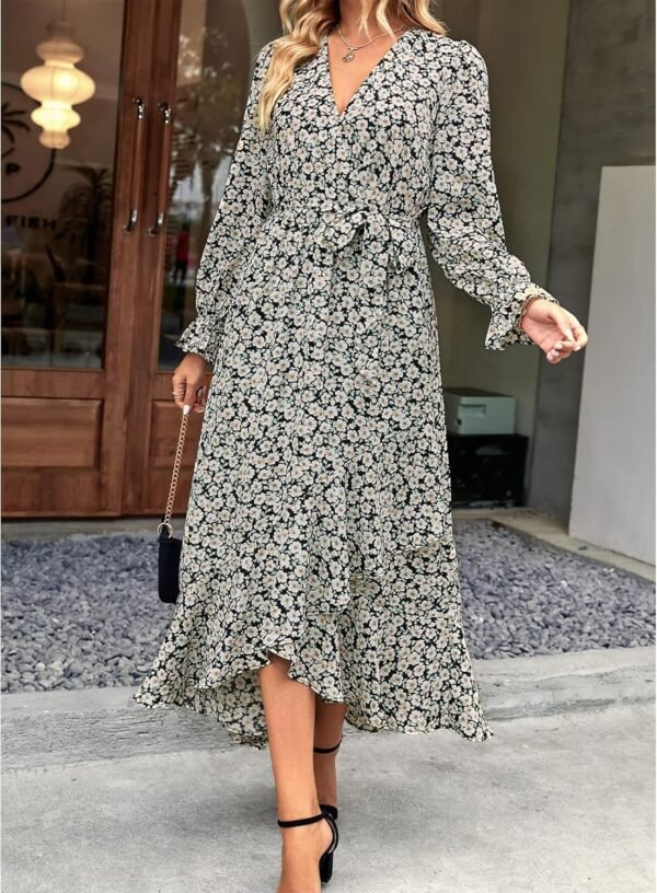 Connecteri  Women Long Sleeve Wrap Maxi Dress V Neck Boho Floral High Waist Flowy Ruffle 2024 Spring Summer Dresses with Belt