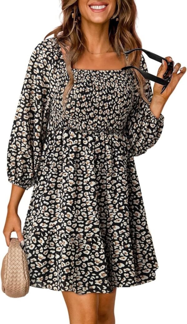 Connecteri  Womens Summer Dresses 2024 Boho Floral Square Neck Smocked 3/4 Sleeve Casual A-Line Swing Mini Babydoll Dress
