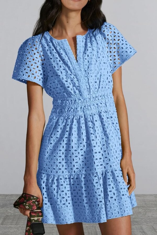 Connecteri  Womens 2024 Summer Short Dress V Neck Short Sleeve A Line Hollow Out Lace Ruffle Cute Casual Beach Party Dresses