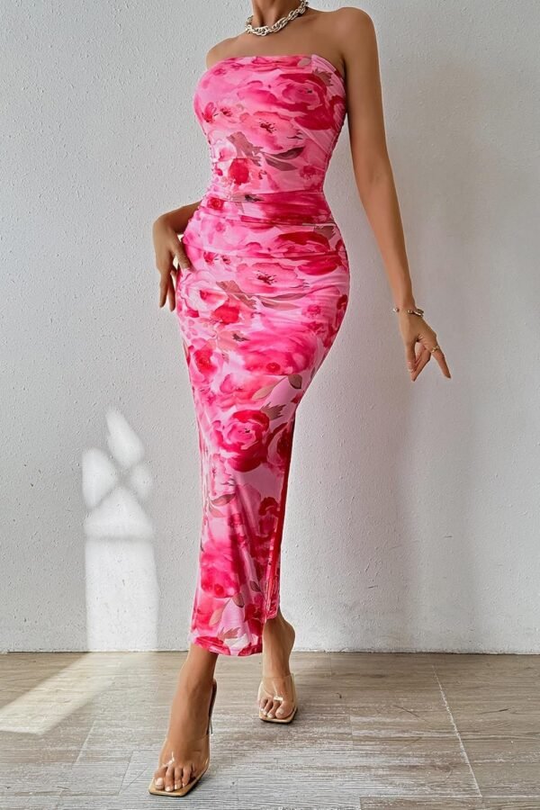 Connecteri  Women's Summer Maxi Bodycon Dresses Strapless Tube Top Printed Long Party Club Slit Dress