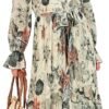 Connecteri  Women's Floral Midi Dress Puff Long Sleeve Casual Ruffle Chiffon A-Line Swing Pleated Belted Tea Party Dresses