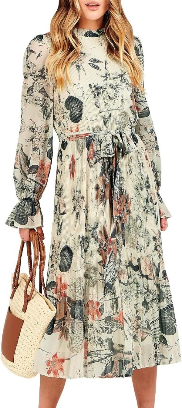 Connecteri  Women's Floral Midi Dress Puff Long Sleeve Casual Ruffle Chiffon A-Line Swing Pleated Belted Tea Party Dresses