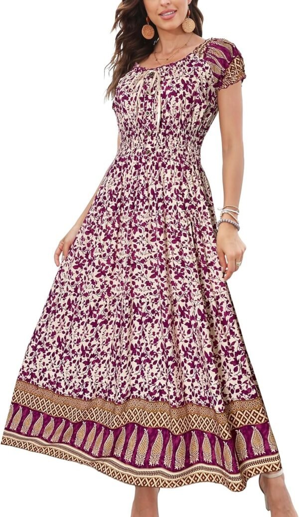 Connecteri  Women's 2024 Summer Short Sleeves Boho Floral Print Tiered Casual Flowy Long Maxi Dress