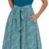 Connecteri  Summer Dresses for Women 2024 Short Sleeve Elastic Waist Casual Dresses Ribbed Floral Work Midi Dress with Pockets