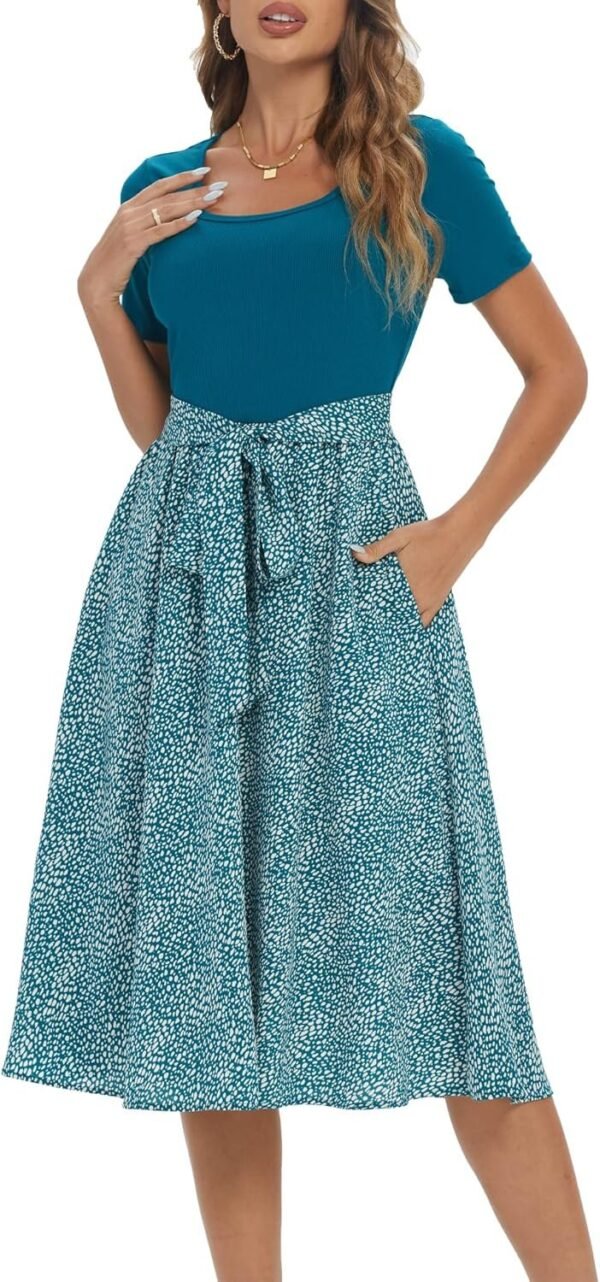 Connecteri  Summer Dresses for Women 2024 Short Sleeve Elastic Waist Casual Dresses Ribbed Floral Work Midi Dress with Pockets