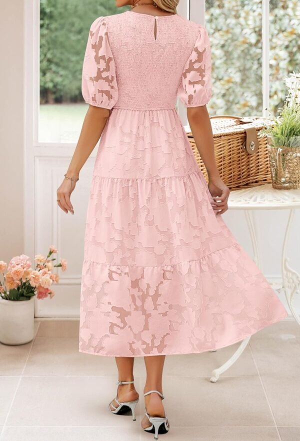 Connecteri Women's 2024 Summer Short Puff Sleeve Crewneck Smocked Floral Lace Flowy A Line Tiered Maxi Dresses