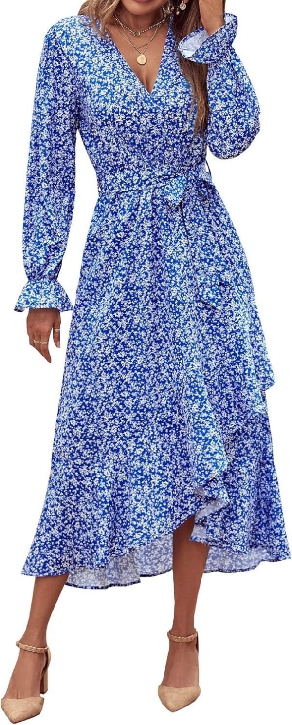Connecteri  Women Long Sleeve Wrap Maxi Dress V Neck Boho Floral High Waist Flowy Ruffle 2024 Spring Summer Dresses with Belt