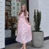 Connecteri Women's 2024 Summer Short Puff Sleeve Crewneck Smocked Floral Lace Flowy A Line Tiered Maxi Dresses
