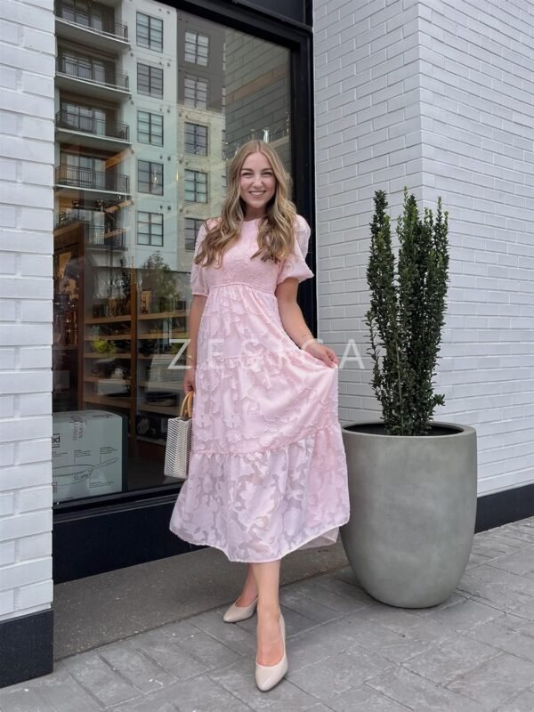 Connecteri Women's 2024 Summer Short Puff Sleeve Crewneck Smocked Floral Lace Flowy A Line Tiered Maxi Dresses