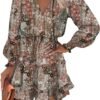 Connecteri  Womens Summer Dresses 2024 Boho Floral Drawstring V Neck Smocked Long Sleeve Ruffle Tiered Chiffon Mini Short Dress