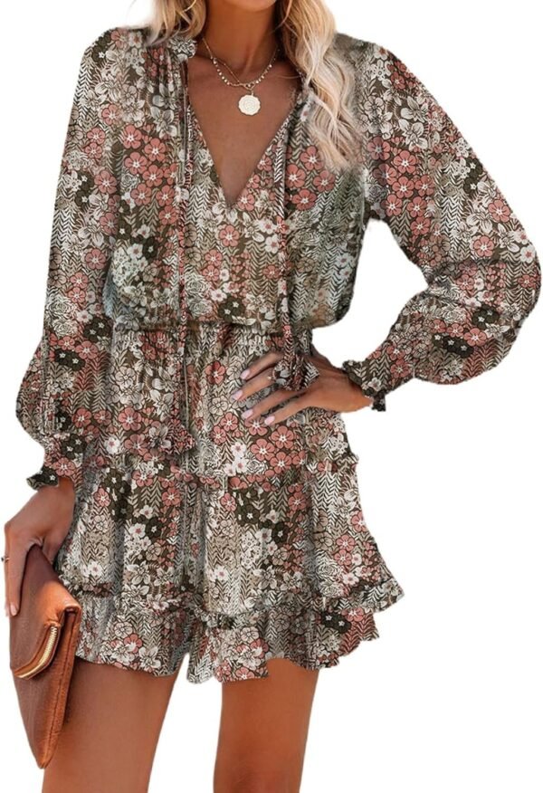 Connecteri  Womens Summer Dresses 2024 Boho Floral Drawstring V Neck Smocked Long Sleeve Ruffle Tiered Chiffon Mini Short Dress