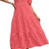 Connecteri  Women's 2024 Summer Puff Sleeve Smocked Floral Dress Crewneck Lace Flowy Tiered Midi Dresses