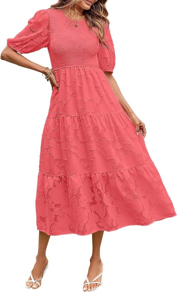 Connecteri  Women's 2024 Summer Puff Sleeve Smocked Floral Dress Crewneck Lace Flowy Tiered Midi Dresses