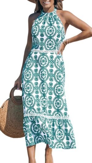 Connecteri  Women's Midi Dress Halter Paisley Sleeveless Cutout Waist Long Beach Boho Summer Dress