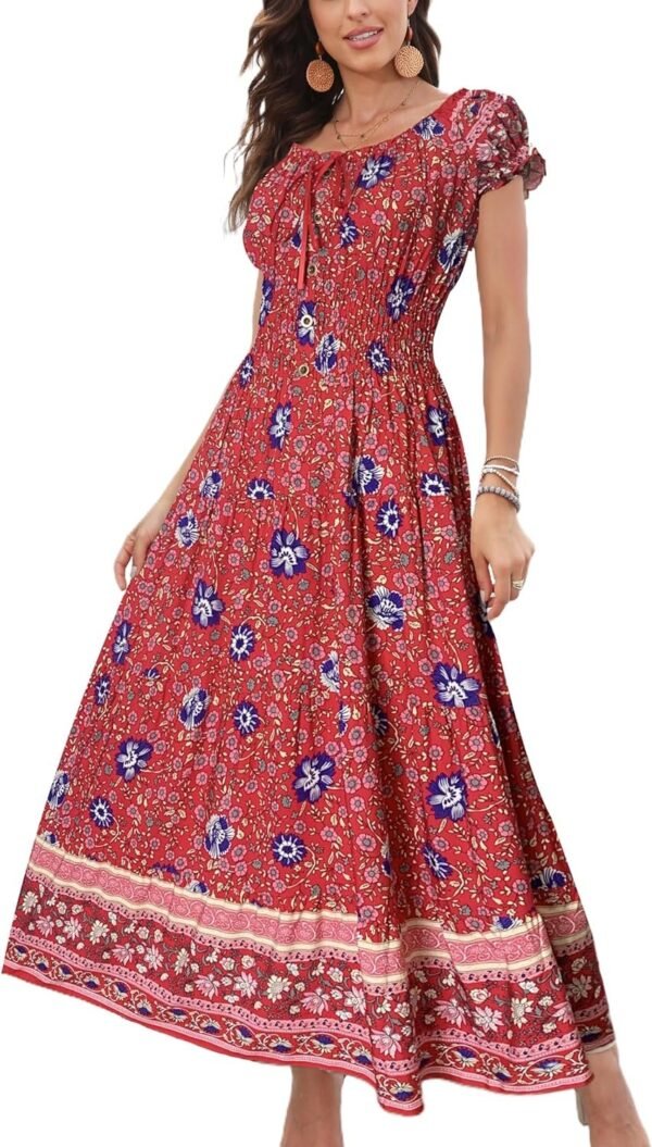 Connecteri  Women's 2024 Summer Short Sleeves Boho Floral Print Tiered Casual Flowy Long Maxi Dress