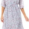 Connecteri  Women's Short Sleeve V-Neck 3/4 Sleeve Button Up Chiffon Floral Pleated Midi Swing Dress with Belt