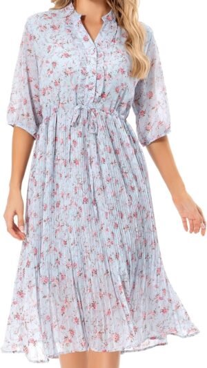Connecteri  Women's Short Sleeve V-Neck 3/4 Sleeve Button Up Chiffon Floral Pleated Midi Swing Dress with Belt