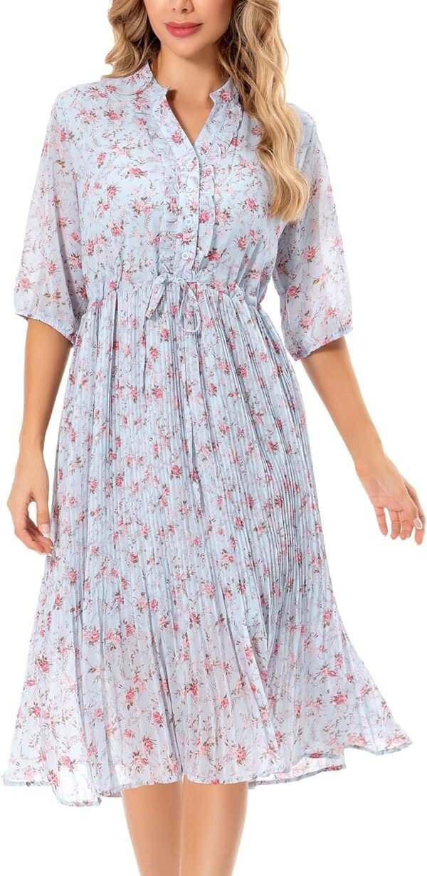 Connecteri  Women's Short Sleeve V-Neck 3/4 Sleeve Button Up Chiffon Floral Pleated Midi Swing Dress with Belt