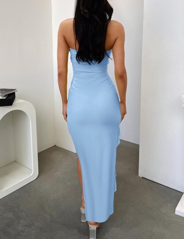 Connecteri Women's 2024 Strapless Bodycon Dress Sexy Off Shoulder Mesh Tassel Ruffle Side Split Tube Party Maxi Dresses