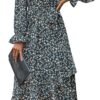 Connecteri  Women Long Sleeve Wrap Maxi Dress V Neck Boho Floral High Waist Flowy Ruffle 2024 Spring Summer Dresses with Belt